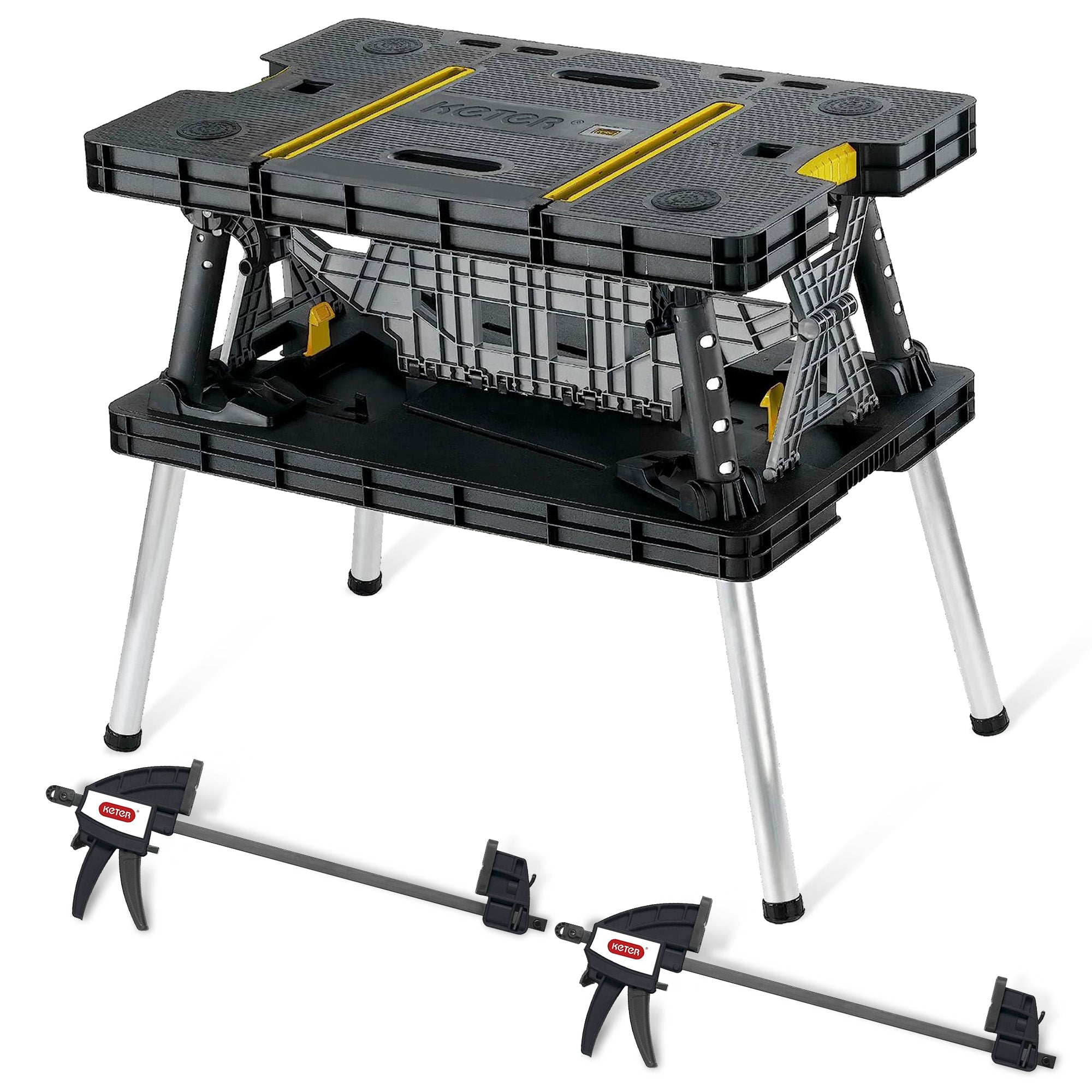 Keter Folding Portable Workbench Sawhorse w 2 Clamps, Black and Yellow (Damaged) - VMInnovations