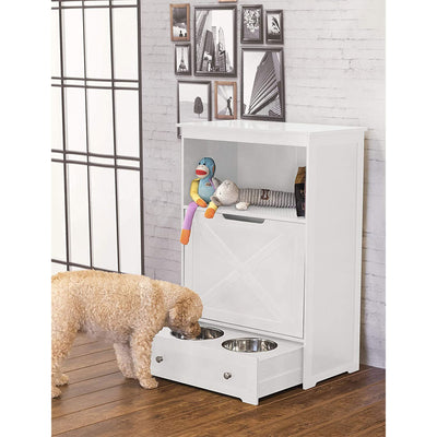 Zoovilla Pet Feeder Large Storage Bin with Hidden Elevated Dog Bowl Stand, White