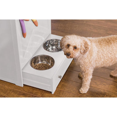 Zoovilla Pet Feeder Large Storage Bin with Hidden Elevated Dog Bowl Stand, White