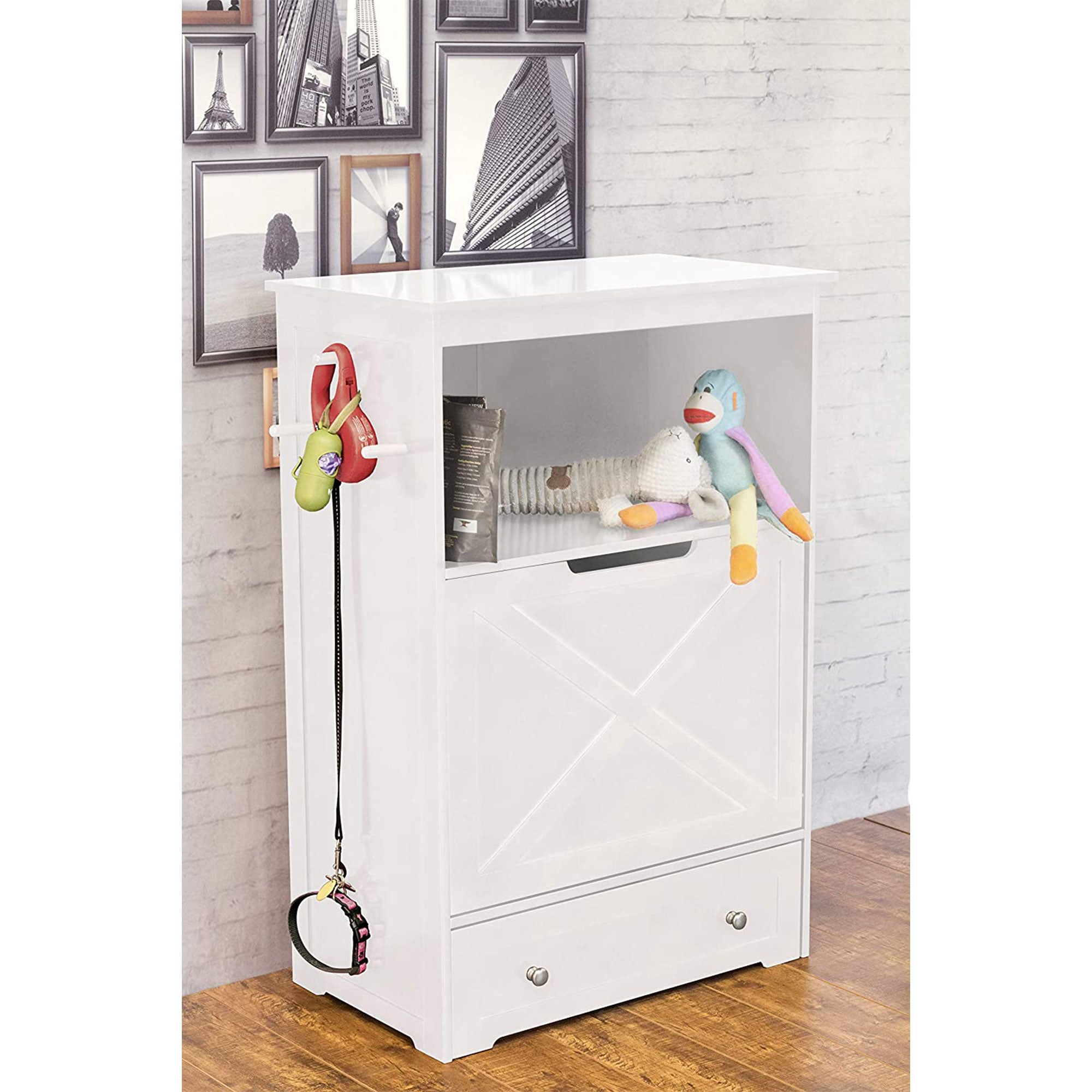 Zoovilla Pet Feeder Large Storage Bin with Hidden Elevated Dog Bowl Stand, White