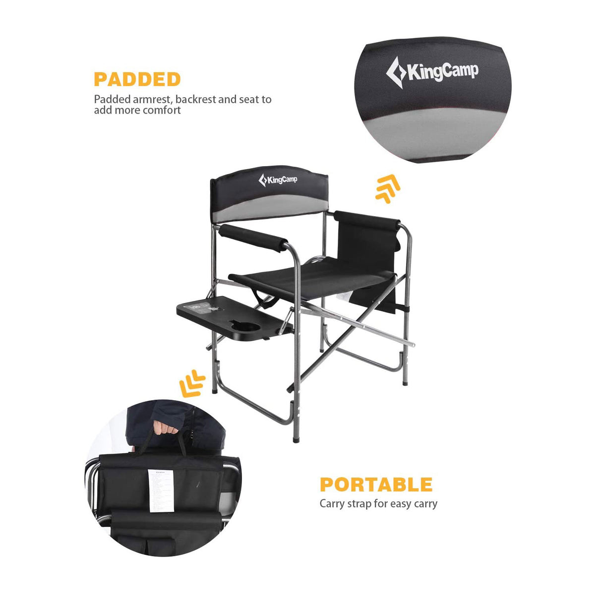 KingCamp Camping Folding Chair w/ Side Table and Storage Pocket, Grey (Open Box) - VMInnovations