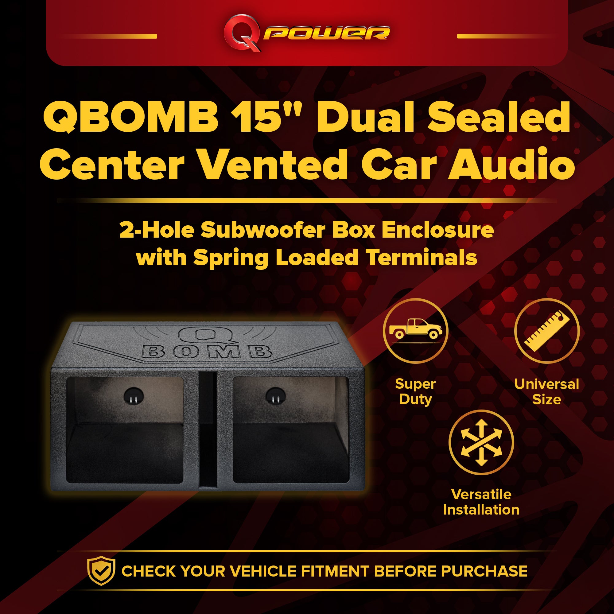 QPower QBOMB 15 Inch Center Vented Dual Subwoofer Enclosure Speaker Box, Square - VMInnovations