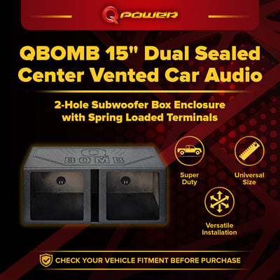 QPower QBOMB 15 Inch Center Vented Dual Subwoofer Enclosure Speaker Box, Square - VMInnovations