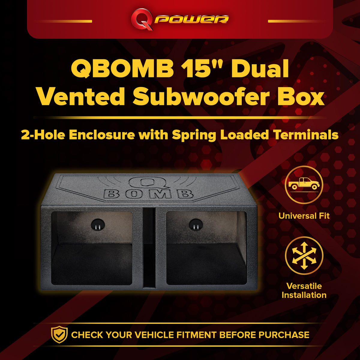 QPower QBOMB 15 Inch Center Vented Dual Subwoofer Enclosure, Square (Open Box) - VMInnovations