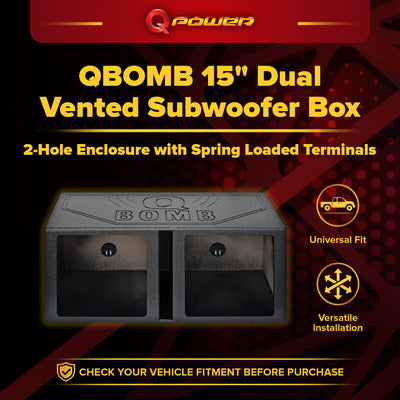 QPower QBOMB 15 Inch Center Vented Dual Subwoofer Enclosure, Square (Open Box) - VMInnovations