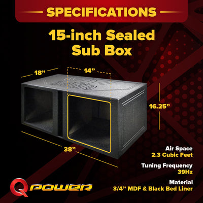 QPower QBOMB 15 Inch Center Vented Dual Subwoofer Enclosure Speaker Box, Square - VMInnovations