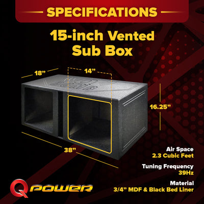 QPower QBOMB 15 Inch Center Vented Dual Subwoofer Enclosure, Square (Open Box) - VMInnovations