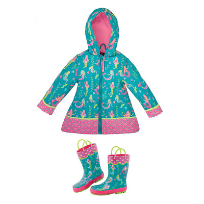 Stephen Joseph Kids Mermaid Hooded Rain Jacket, Size 5/6 and Rain Boots, Size 10