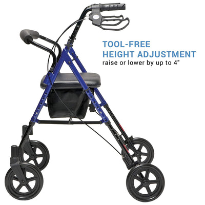 Lumex Set N' Go Wide 2-In-1 Height Adjustable Rollator Walker with Pouch, Blue