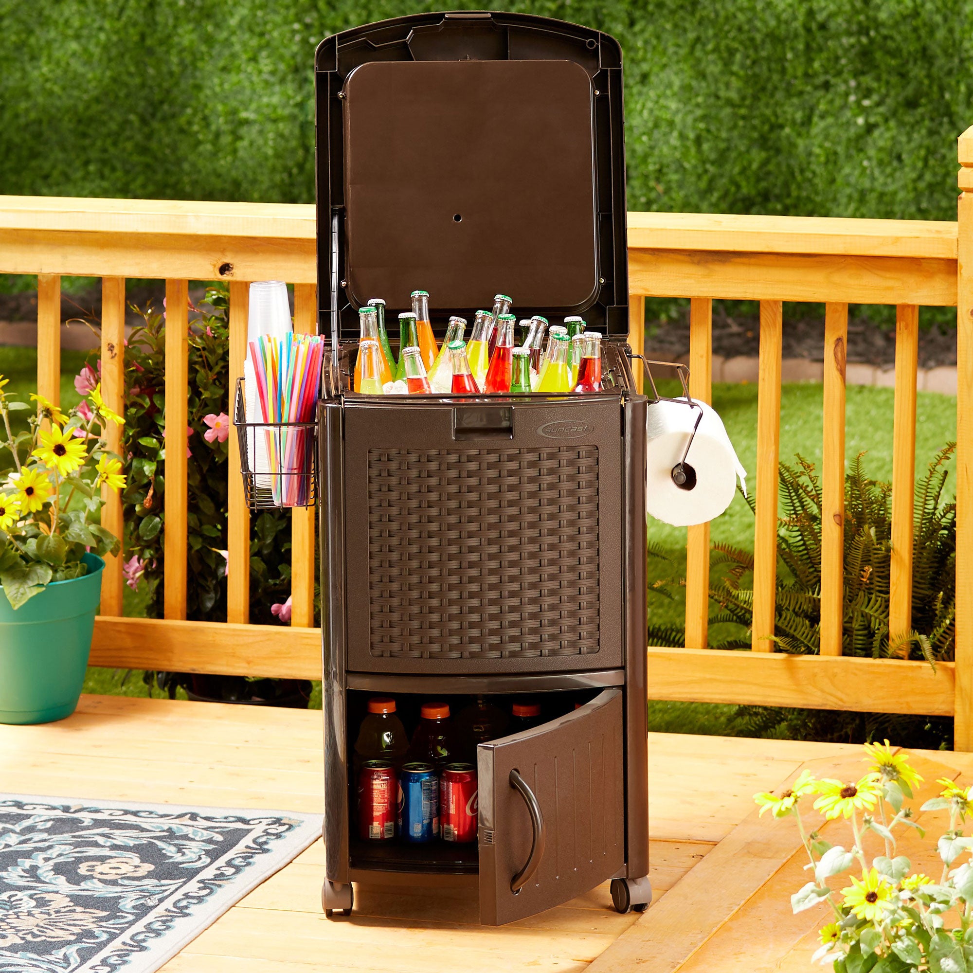 Suncast 77 Quart Patio Cooler w/ Cabinet and Basket w/ Wicker Trash Hideaway