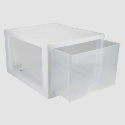 Sterilite 27 Quart Clear & White Plastic Storage Bin with One Drawer, 24 Pack - VMInnovations