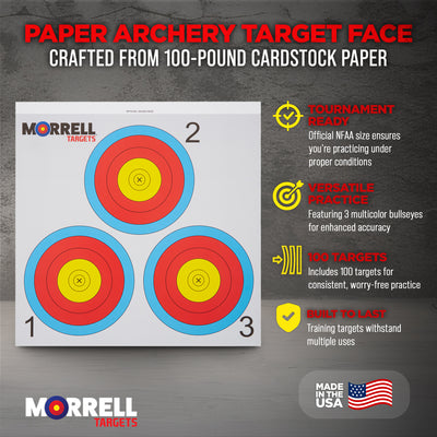 Morrell Targets Archery NFAA Official 3 Spot Paper Target Face, 100 Count Pack - VMInnovations
