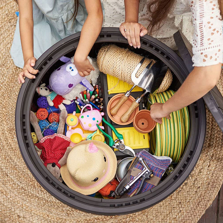 Keter Circa 37 Gal Round Patio Storage Table & Westwood 150 Gal Deck Box, Brown