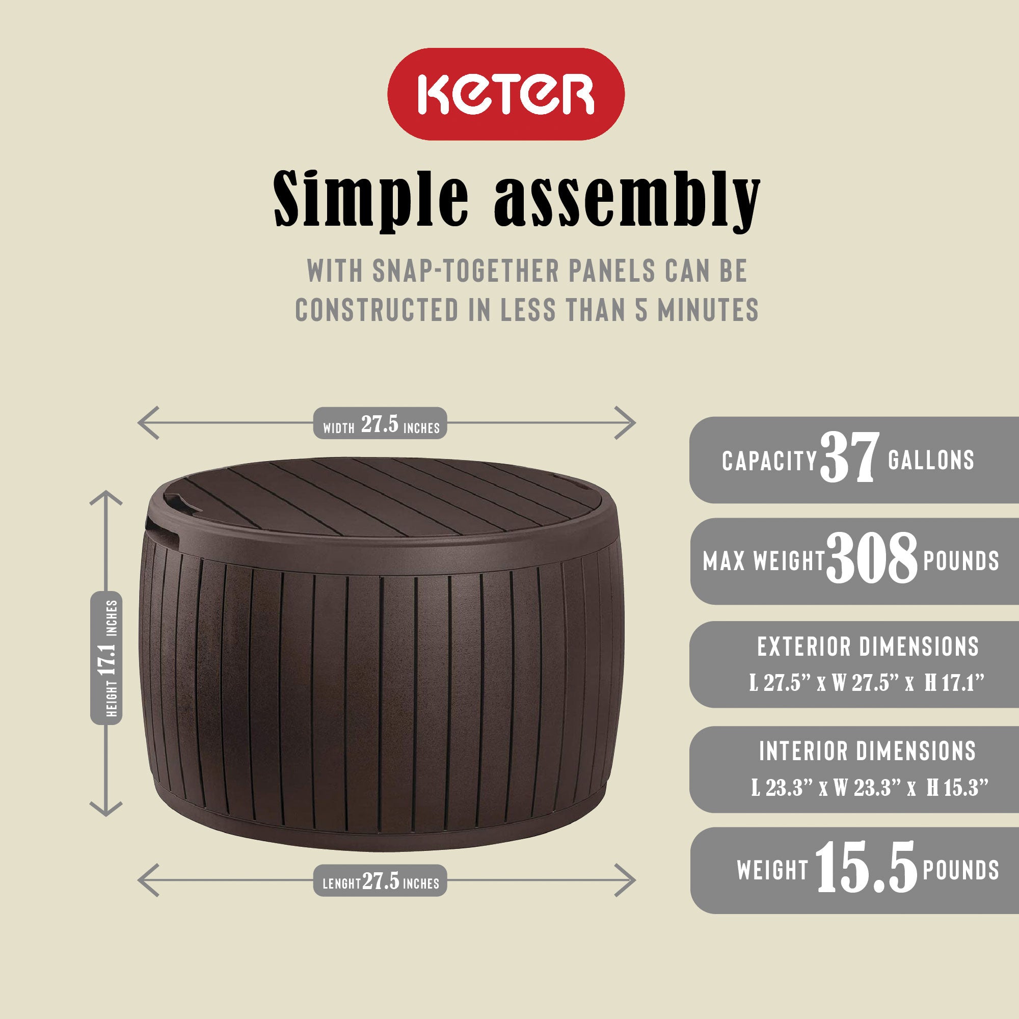 Keter Circa 37gal Round Patio Box Storage Table and Seating, Brown Resin (Used) - VMInnovations