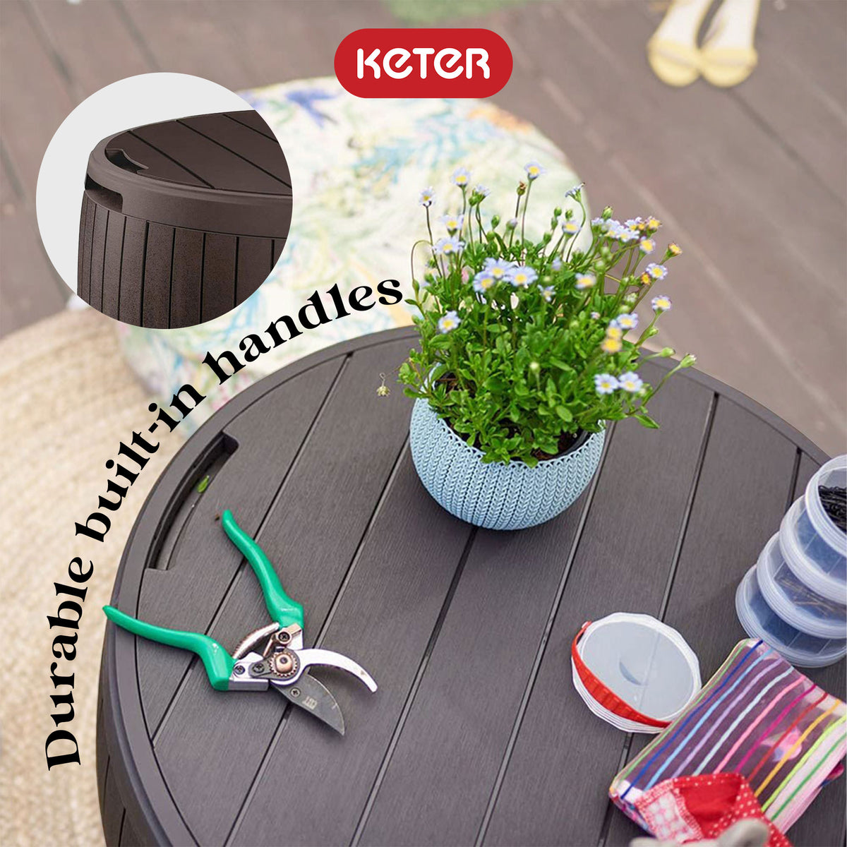 Keter Circa 37 Gal Round Patio Storage Table & Westwood 150 Gal Deck Box, Brown