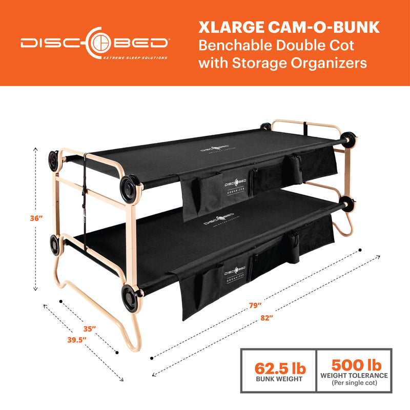 Disc-O-Bed XLarge Cam-O-Bunk Benchable Double Cot with Storage Organizers, Black