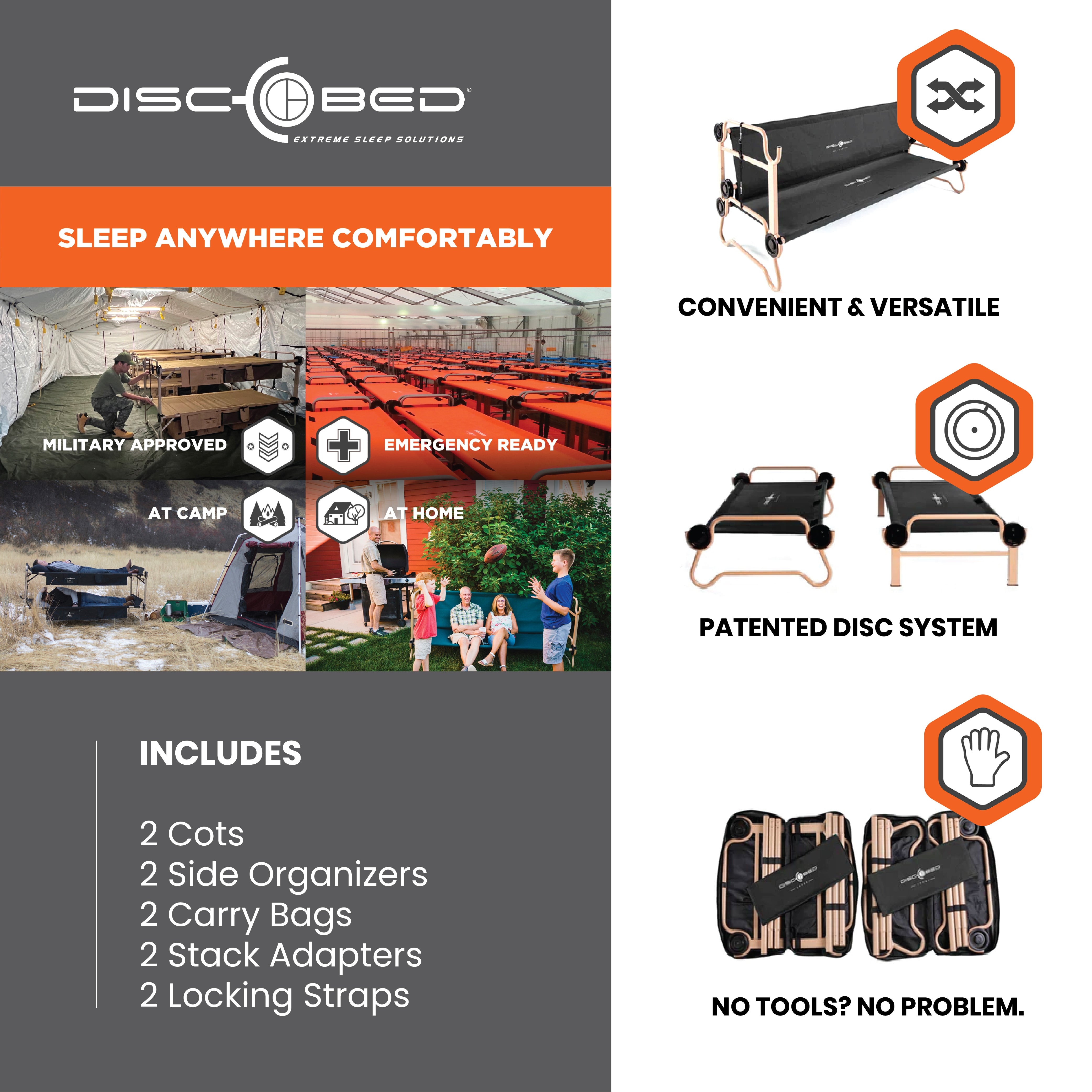 Disc-O-Bed XL Cam-O-Bunk Benchable Double Cot w/Organizers, Black (Used) - VMInnovations