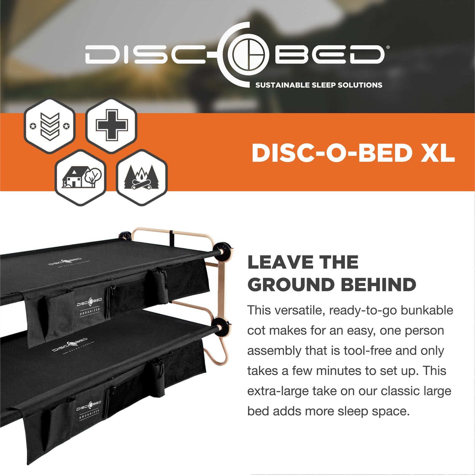 Disc-O-Bed XLarge Cam-O-Bunk Benchable Double Cot with Storage Organizers, Black - VMInnovations