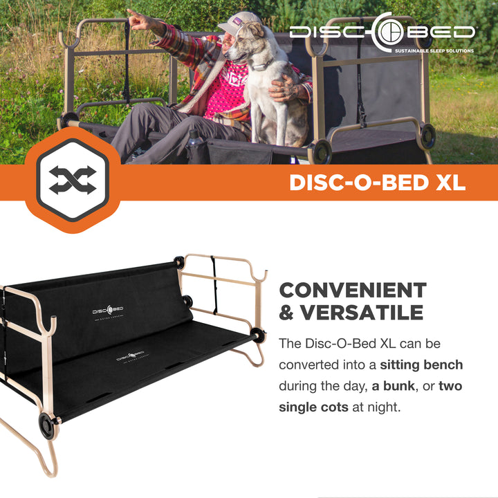 Disc-O-Bed XLarge Cam-O-Bunk Benchable Double Cot with Storage Organizers, Black