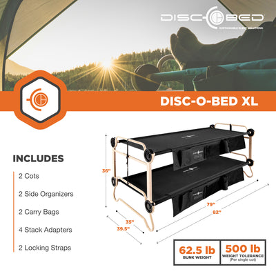 Disc-O-Bed XL Cam-O-Bunk Benchable Double Cot w/Organizers, Black (For Parts)
