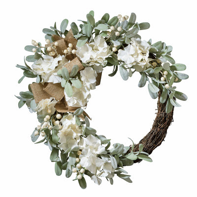 Haute Decor 22 Inch Round Spring Floral Grapevine Hydrangea Wreath w/ Burlap Bow