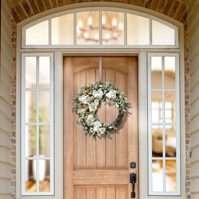 Haute Decor 22 Inch Round Spring Floral Grapevine Hydrangea Wreath w/ Burlap Bow