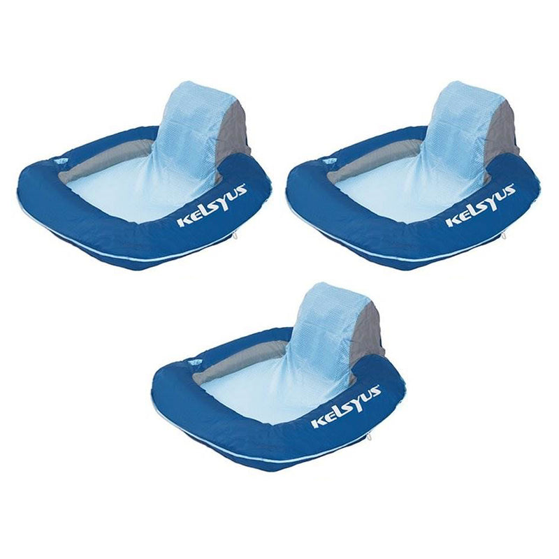 Kelsyus Floating Pool Lounger Inflatable Chair w/ Cup Holder, Blue (3 Pack)