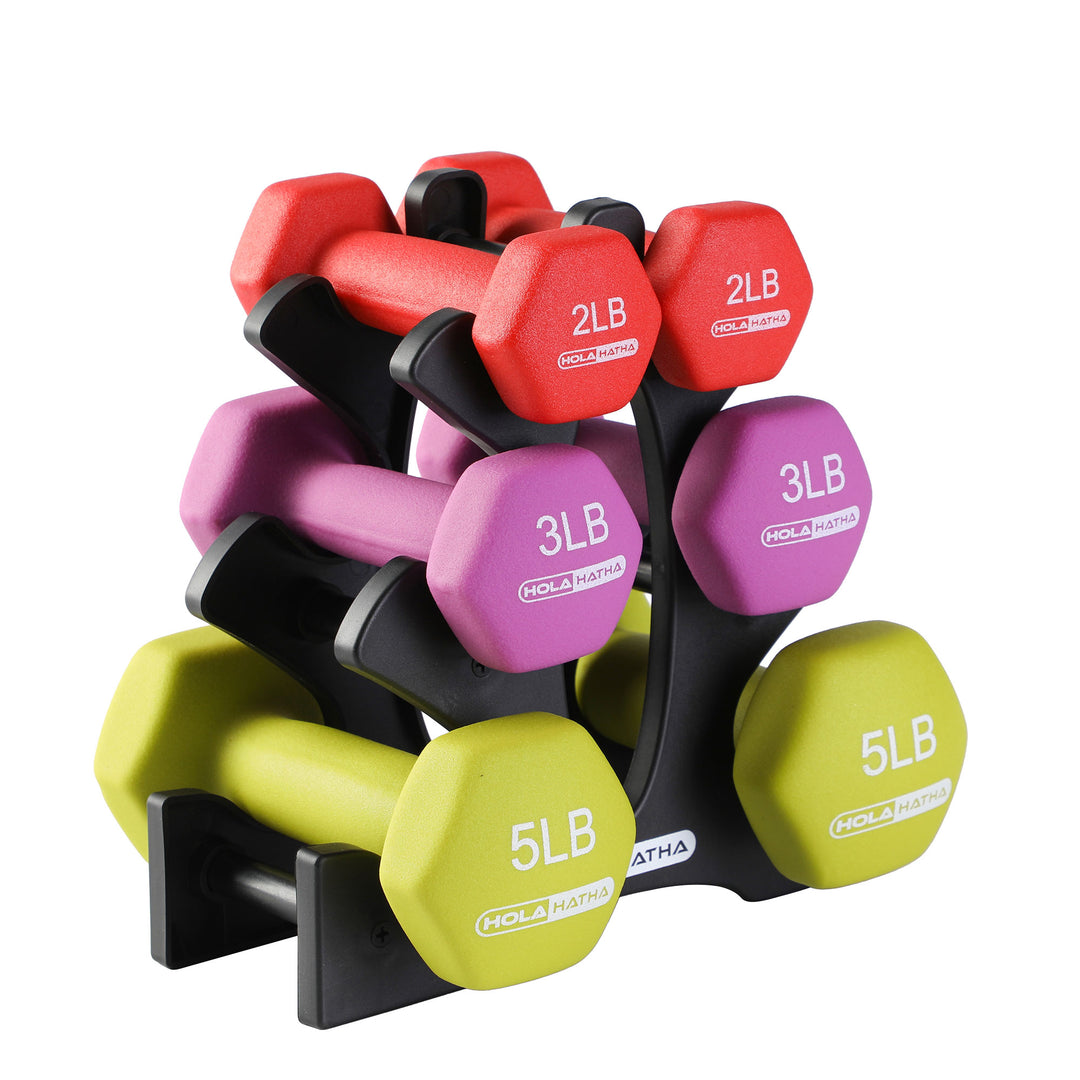 HolaHatha 2, 3, and 5lb Neoprene Dumbbell Free Hand Weight Set with Rack (Used)