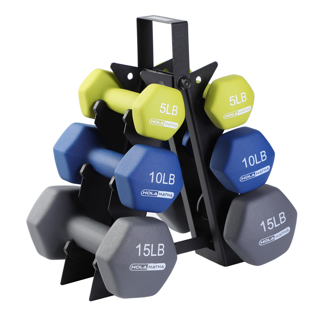 HolaHatha 5, 10, and 15 Lb Dumbbell Free Hand Weight Set with Rack (Used)