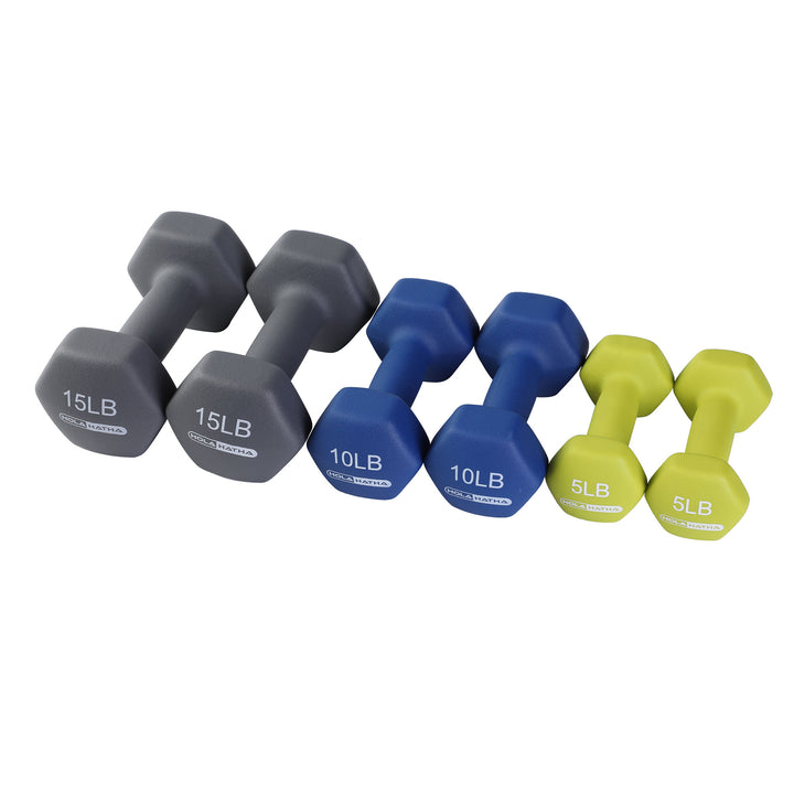 HolaHatha 5, 10, and 15 Pound Neoprene Dumbbell Free Hand Weight Set with Rack