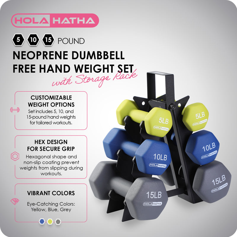 HolaHatha 5, 10, and 15 Lb Dumbbell Free Hand Weight Set with Rack (Used)