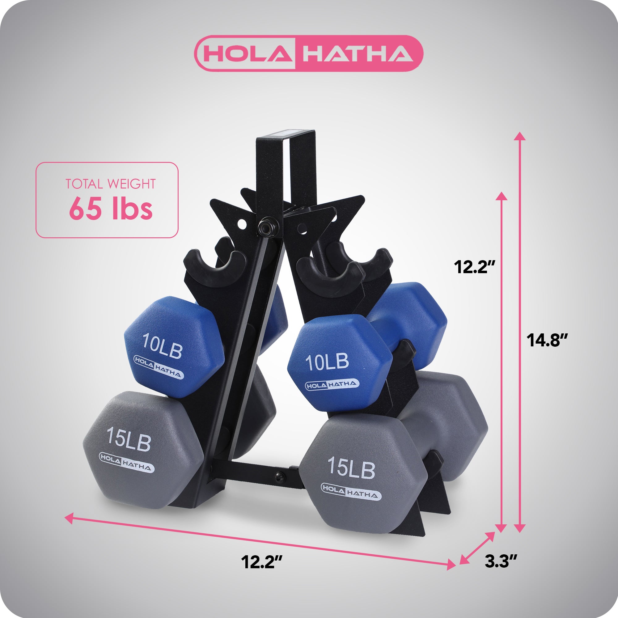 HolaHatha 5, 10, and 15 Pound Neoprene Dumbbell Free Hand Weight Set with Rack - VMInnovations