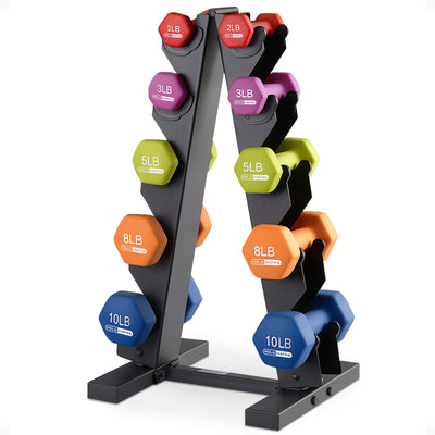 HolaHatha 2, 3, 5, 8, and 10 Pound Neoprene Free Weight Set w/ Rack (For Parts)