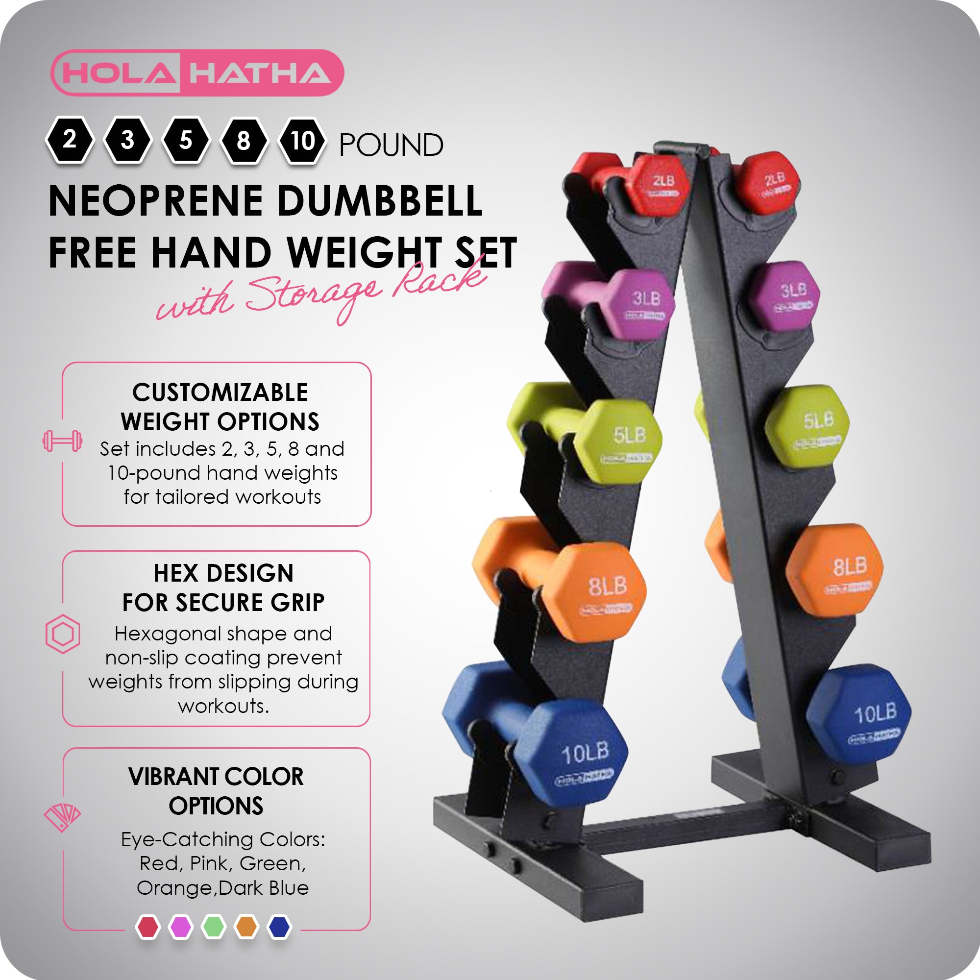 HolaHatha 2, 3, 5, 8, and 10 Pound Neoprene Free Weight Set with Rack (Used) - VMInnovations