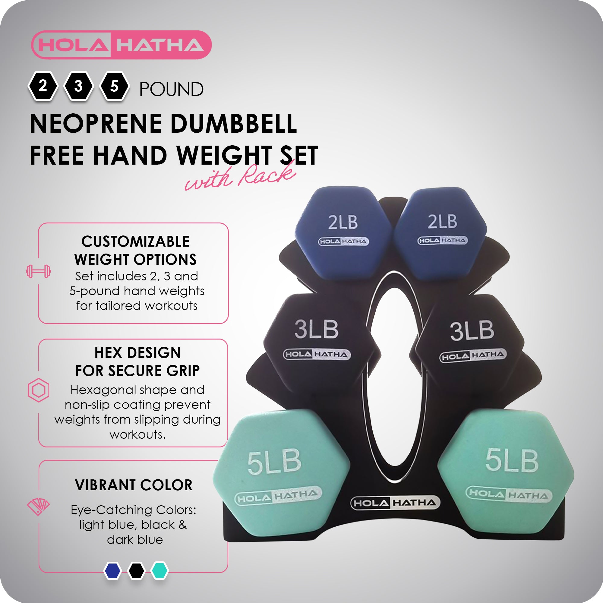 HolaHatha 2, 3, & 5 Pound Neoprene Dumbbell Weight Set w/ Rack, Pastel (Used) - VMInnovations