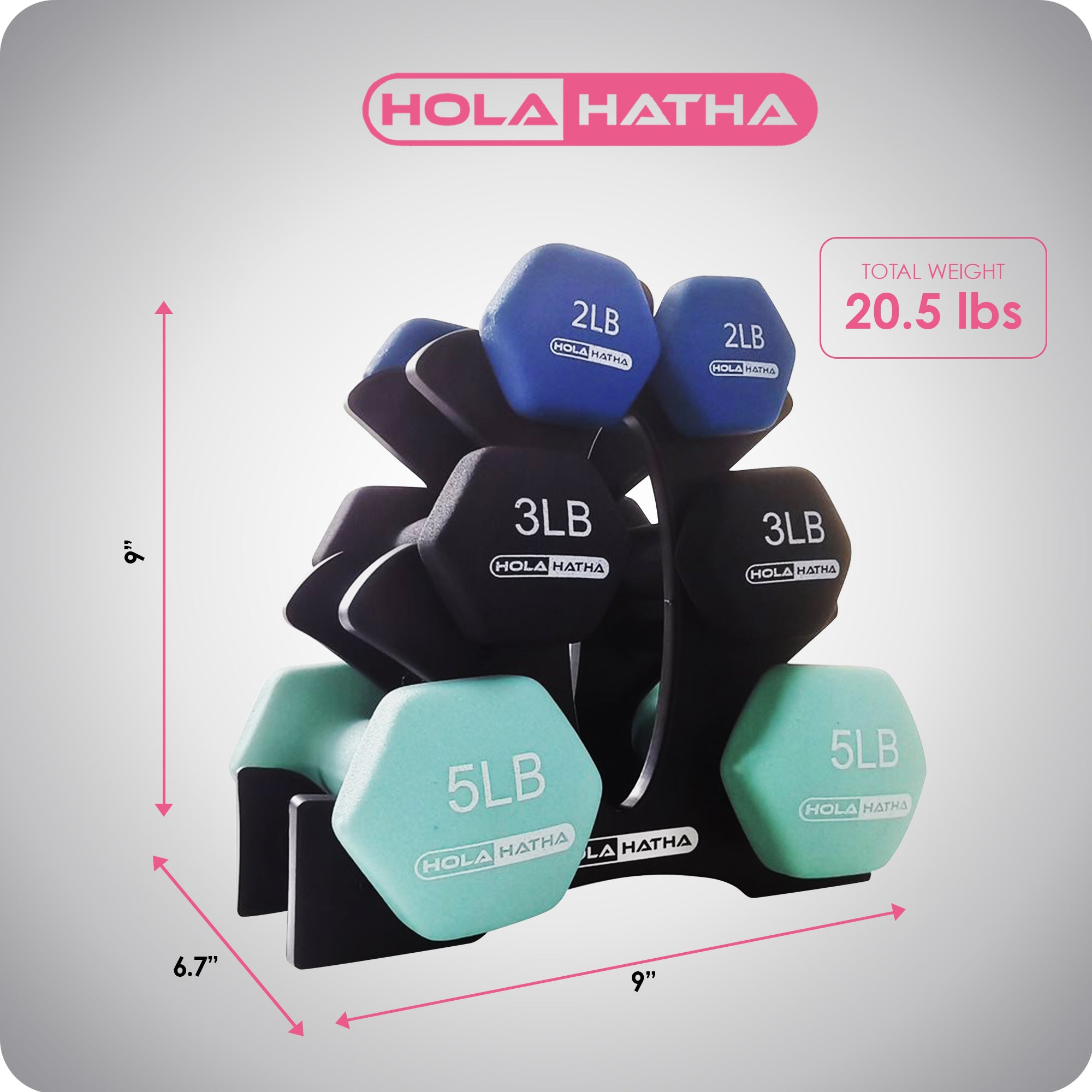 HolaHatha 2, 3, & 5 Pound Neoprene Dumbbell Weight Set w/ Rack, Pastel (Used) - VMInnovations