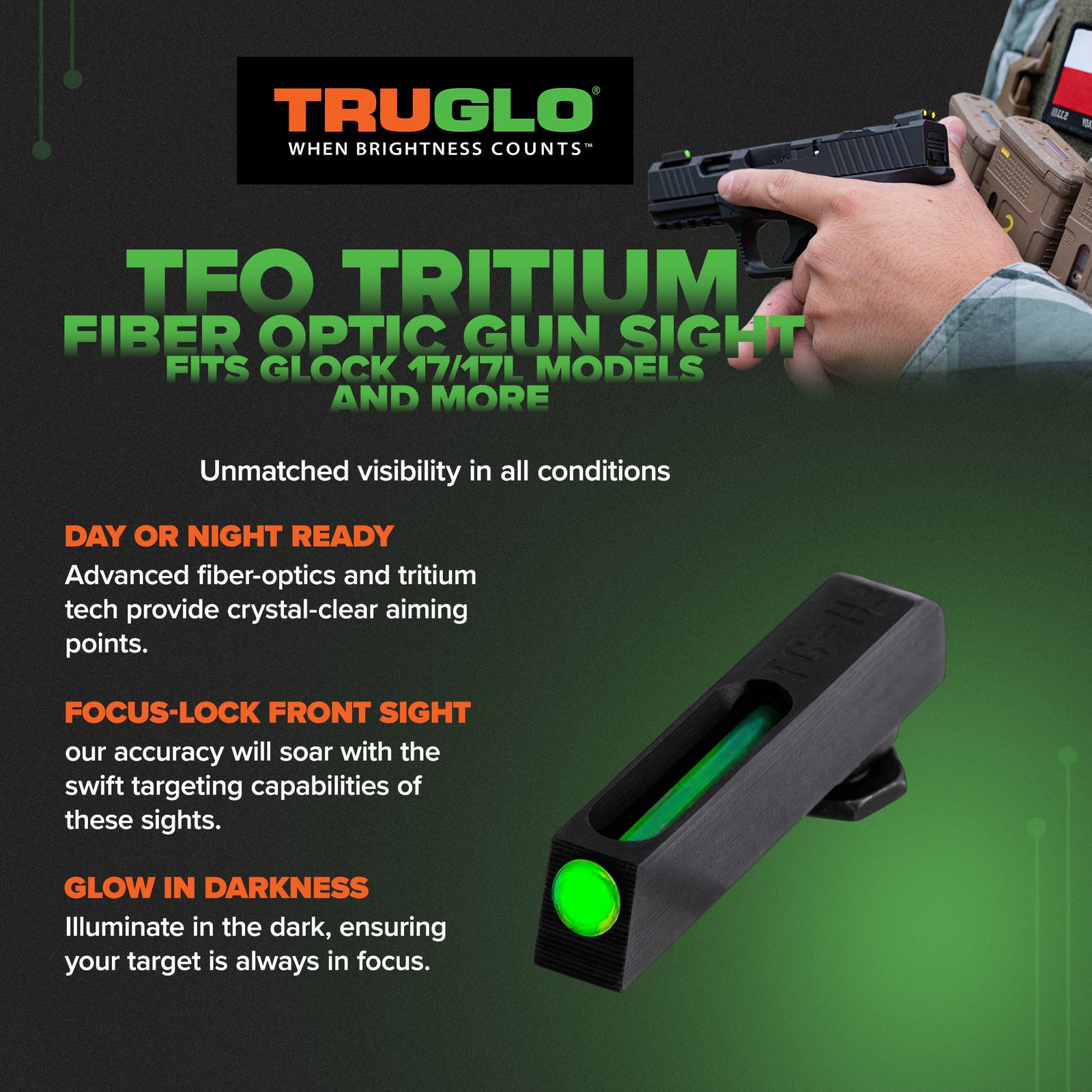 TruGlo TFO Tritium Fiber Optic Sight , Glock 17/17L & More, Yellow (Open Box) - VMInnovations