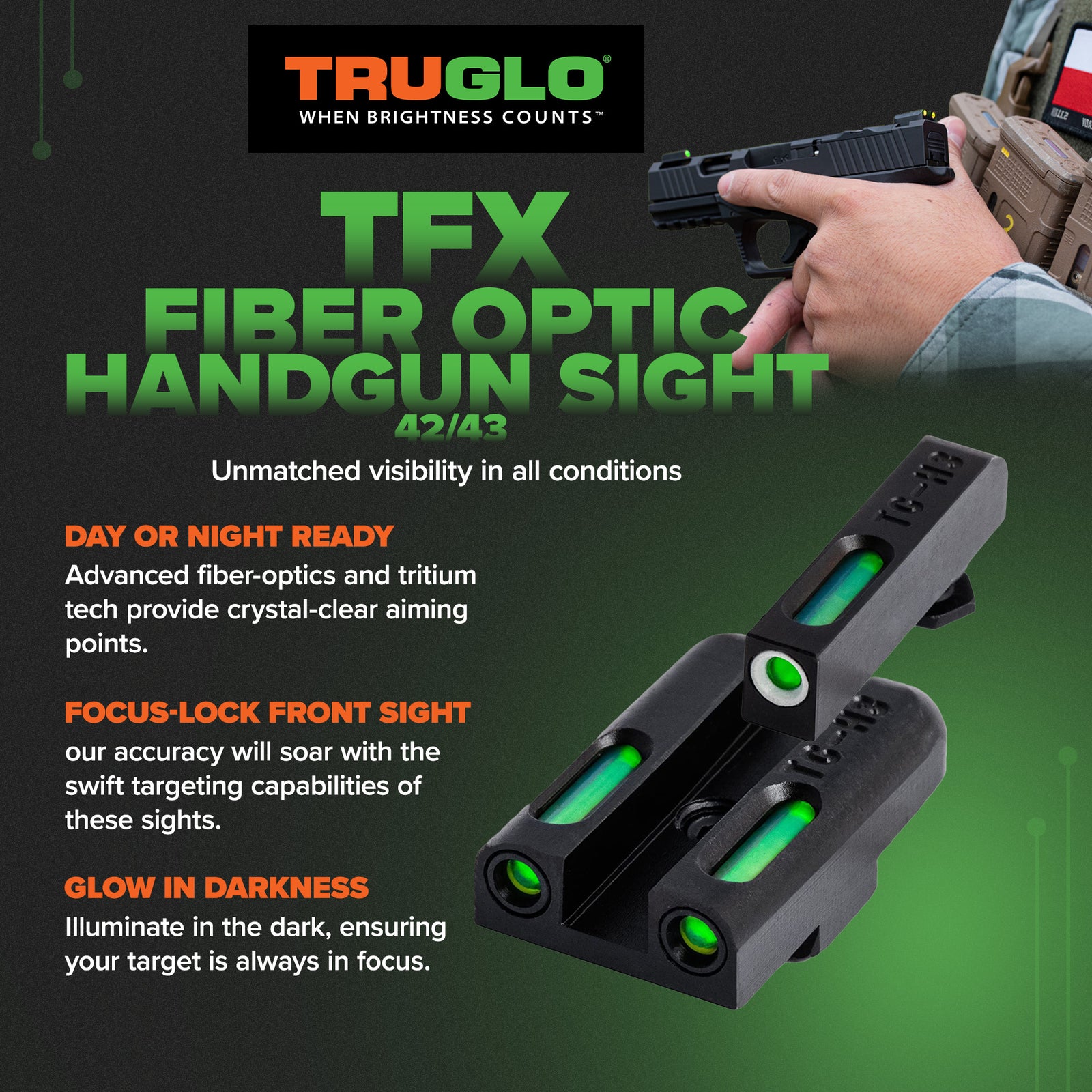 TruGlo TFK Fiber Optic Tritium Handgun Glock Pistol Sight Accessories, 42/43 - VMInnovations