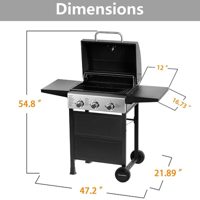 MASTER COOK 3-Burner Outdoor Propane Gas BBQ Grill with Side Tables, 30,000 BTU