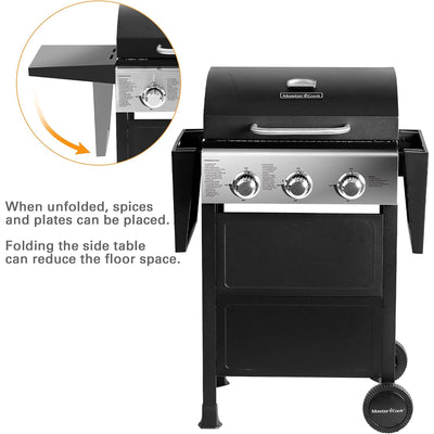 MASTER COOK 3-Burner Outdoor Propane Gas BBQ Grill with Side Tables, 30,000 BTU