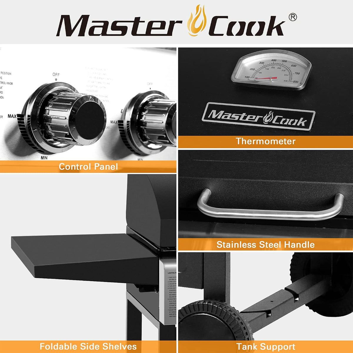 MASTER COOK 3-Burner Outdoor Propane Gas BBQ Grill with Side Tables, 30,000 BTU