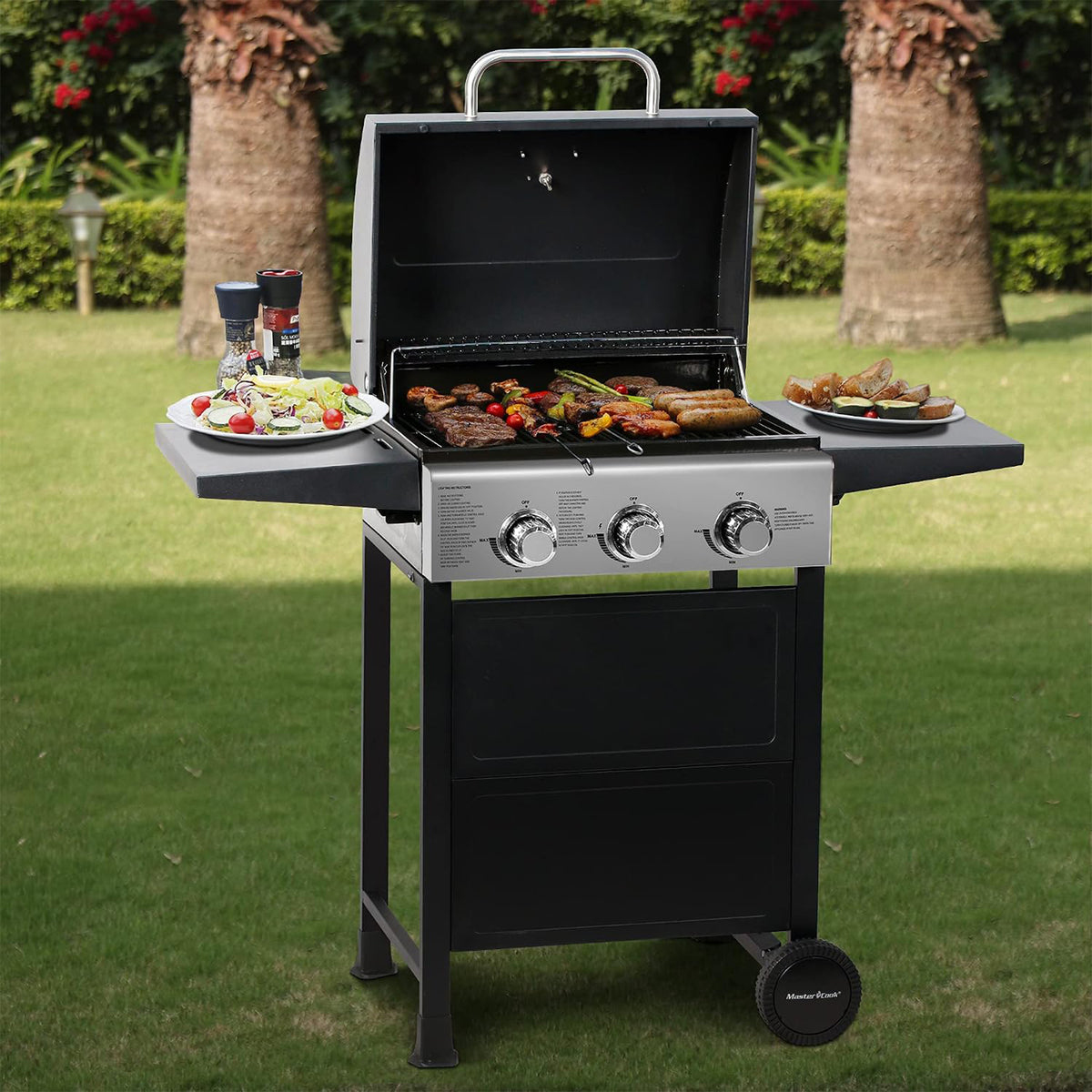 MASTER COOK 3-Burner Outdoor Propane Gas BBQ Grill with Side Tables, 30,000 BTU