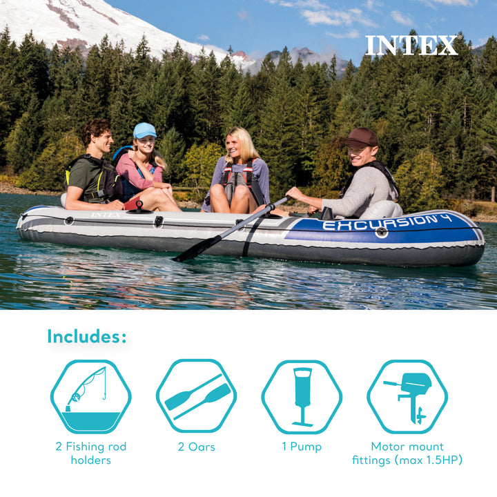 Intex Excursion 4 Inflatable Raft Set w/ 2 Transom Mount 8 Speed Trolling Motors