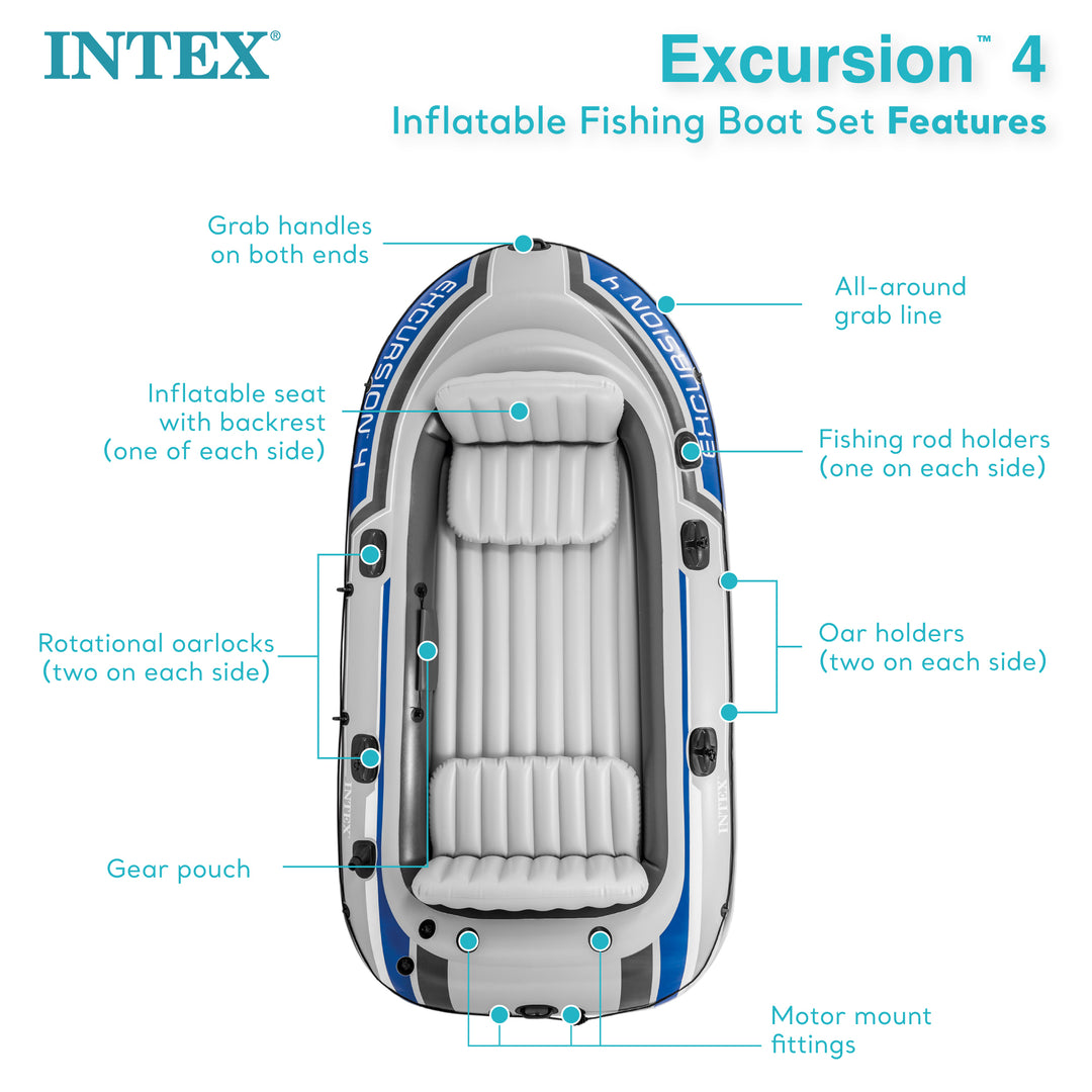 Intex Excursion 4 Person Inflatable Rafting and Fishing Boat Set with 2 Oars