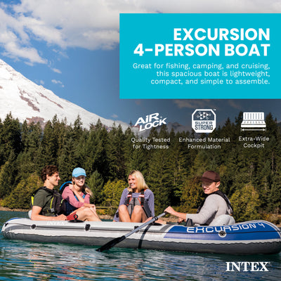 Intex Excursion 4 Person Inflatable Rafting and Fishing Boat Set with 2 Oars (Refurbished)