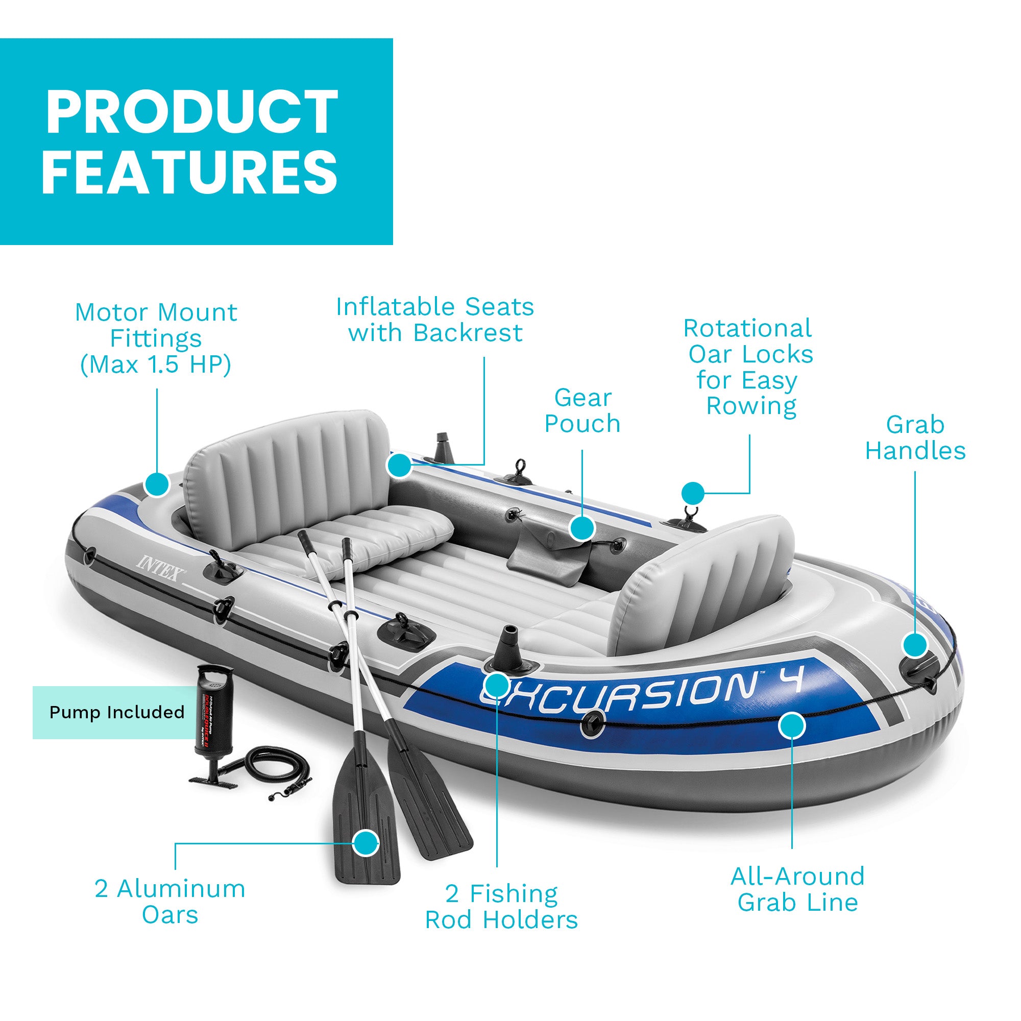 Intex Excursion 4 Person Inflatable Rafting and Fishing Boat Set with 2 Oars