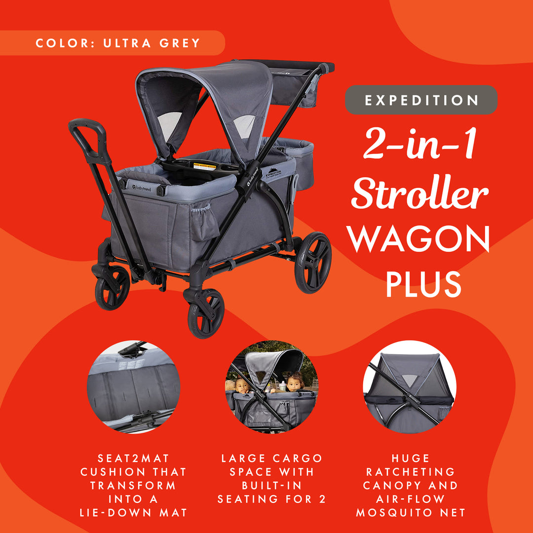 Baby Trend Expedition 2 in 1 Push or Pull Stroller Wagon Plus w/ Canopy, Grey