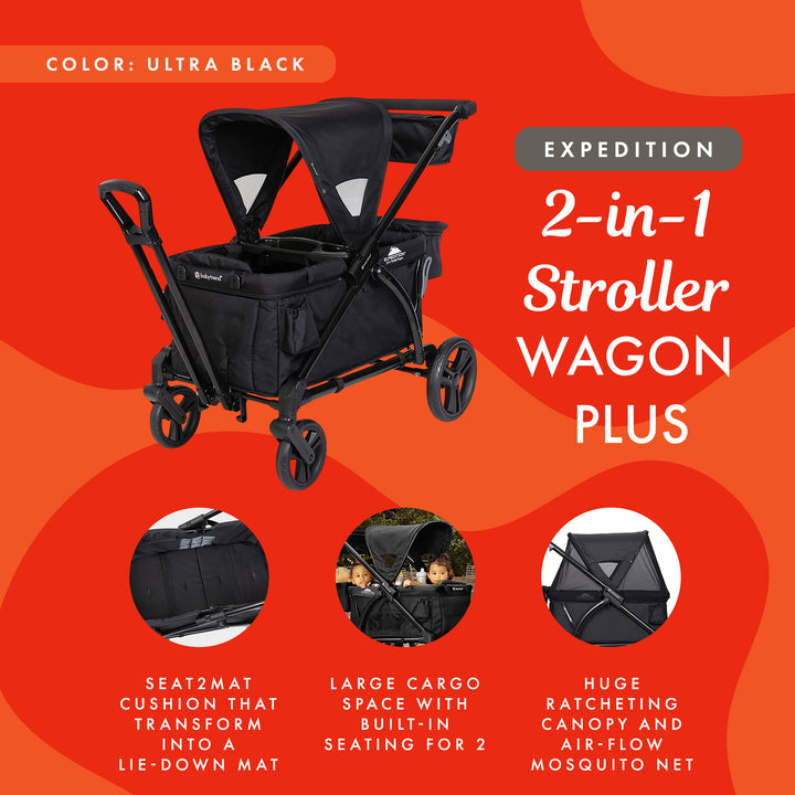 Baby Trend Expedition 2 in 1 Push or Pull Stroller Wagon Plus w/ Canopy, Black