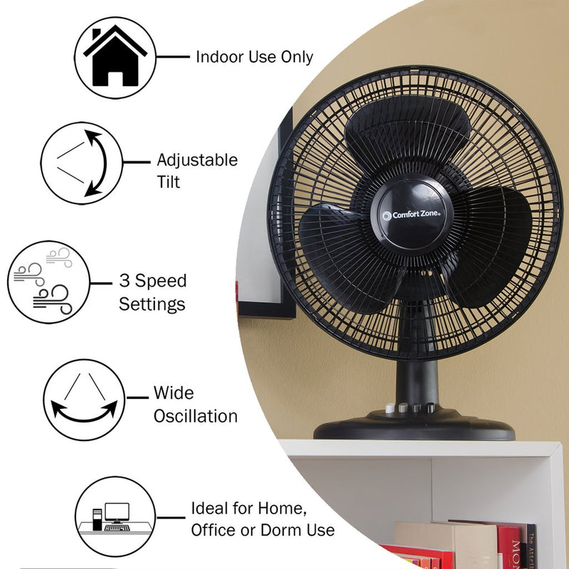 Comfort Zone 12" High Velocity 3 Speed Adjustable Oscillating Fan, Black (Used)