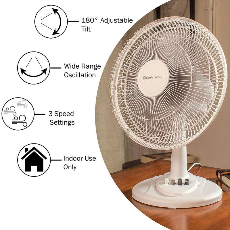 Comfort Zone 12" 3 Speed Adjustable Oscillating Table Fan, White (Used)
